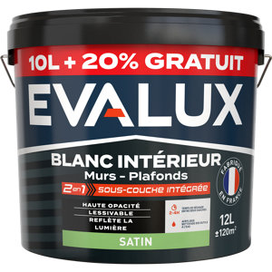 Peinture blanche intérieure 2 en 1 sous couche intégrée satin 10 L + 20% gratuit