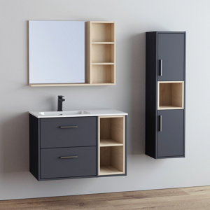 Ensemble TOLMAN 80 cm gris mat effet bois meuble sous-vasque mural avec vasque résine