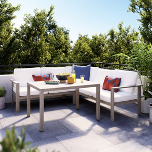 Salon de jardin en aluminium 5 places couleur effet bois clair et coussins beige "SEFIRA"