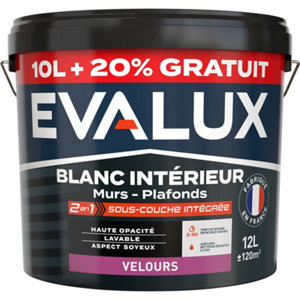 Peinture blanche 2 en 1 avec sous-couche intégrée velours, 12 L (10L+20% gratuit)
