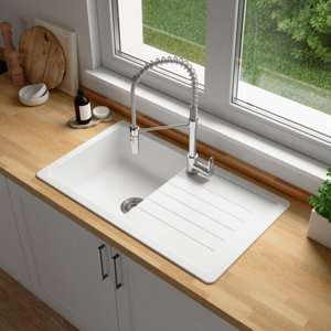 Evier quartz, rectangulaire 1 bac blanc, égouttoir réversible ALLAIRE - 86x50x28,2 cm