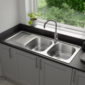 Evier inoxydable 2 bacs gris, égouttoir réversible 116x50x15 cm