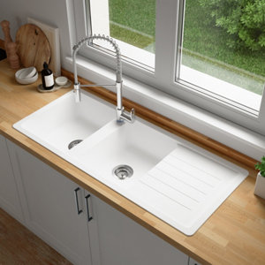 Evier quartz, rectangulaire 2 bacs blanc encastré ALLAIRE - 116x50x28,2 cm