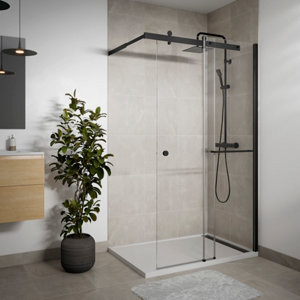 Paroi de douche WALK-IN 120 cm verre trempé 6 mm noir mat avec volet coulissant et porte serviettes