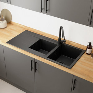 Evier résine, rectangulaire 2 bacs noir, égouttoir réversible ISING - 110x50x21 cm