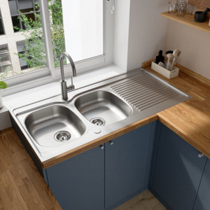 Evier inoxydable 2 bacs gris, égouttoir réversible MAYR - 120x60x16 cm