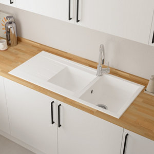 Evier résine, rectangulaire 2 bacs blanc encastré ISING - 110x50x21 cm