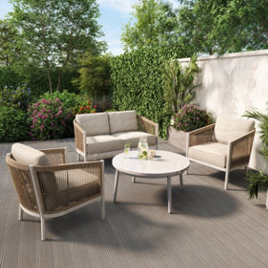 Salon de jardin 4 places beige acier et effet rotin NERIO