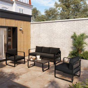 Salon de jardin 5 places en acier noir mat avec coussins gris OSMA