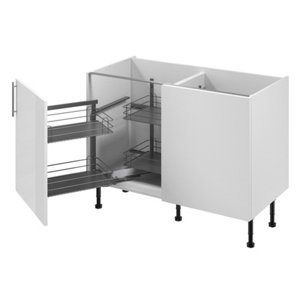 Meuble d'angle bas "Dorice" blanc brillant l.120 x h.72 x p.57 cm 1 porte + rangement panier gauche