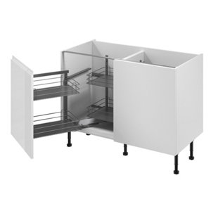 Meuble d'angle bas "Glorian" blanc brillant l.120 x h.72 x p.57 cm 1 porte + rangement panier gauche