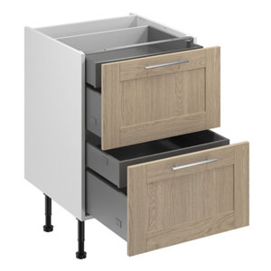 Meuble bas "Coline" imitation chêne clair l.60 x h.72 x p.57 cm 2 casseroliers + 2 tiroirs intérieurs
