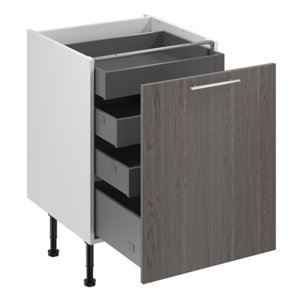 Meuble bas "Basilie" imitation chêne gris l.60 x h.72 x p.57 cm 1 porte 1 casserolier + 3 tiroirs