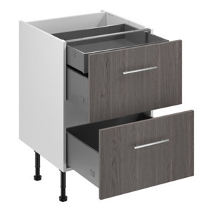 Meuble bas "Basilie" imitation chêne gris l.60 x h.72 x p.57 cm 2 casseroliers + 1 tiroir intérieur haut