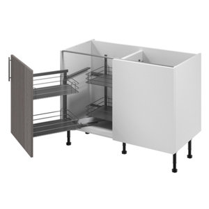 Meuble d'angle bas "Basilie" imitation chêne gris l.120 x h.72 x p.57 cm 1 porte + rangement panier gauche