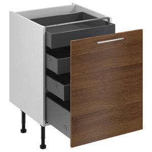 Meuble bas "Basilie" imitation chêne fumé l.60 x h.72 x p.57 cm 1 porte 1 casserolier + 3 tiroirs