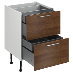 Meuble bas "Basilie" imitation chêne fumé l.60 x h.72 x p.57 cm 2 casseroliers + 2 tiroirs intérieurs