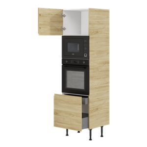 Colonne électroménager de cuisine 2 portes, 1 emplacement micro-ondes, 1 emplacement four, 1 casserolier et 1 tiroir GLORIAN effet chêne clair H.201 x L.60 cm x P.57 cm