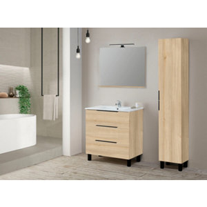 Ensemble meuble 3 tiroirs effet bois 80 cm avec vasque céramique + miroir LED DENVER
