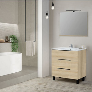 Ensemble meuble 3 tiroirs effet bois 80 cm avec vasque céramique + miroir LED DENVER