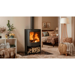Poêle à bois 6,7KW  noir mat, double combustion, TAHOE avec rangement intégré