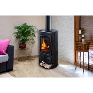Poêle à bois fonte ROYCE 9,2 kW pour 80 m² avec rangement bûches intégré