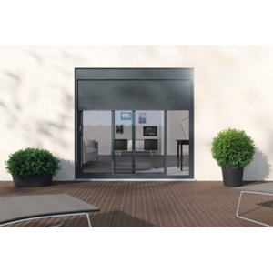 Baie coulissante en aluminium bicolore blanc/ gris + volet roulant - Dim. H. 200 x L. 240 cm